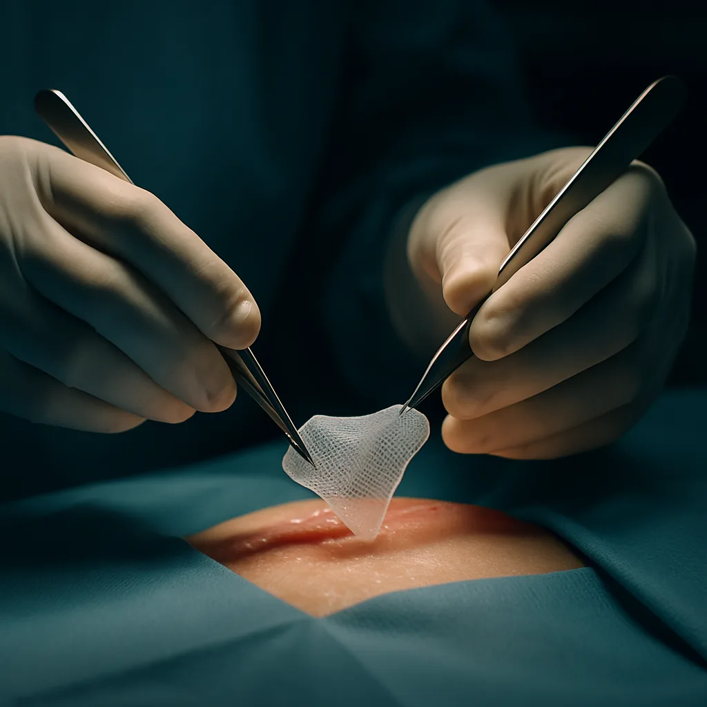 Surgeon's gloved hands performing precise soft tissue reconstruction under clinical OR lighting